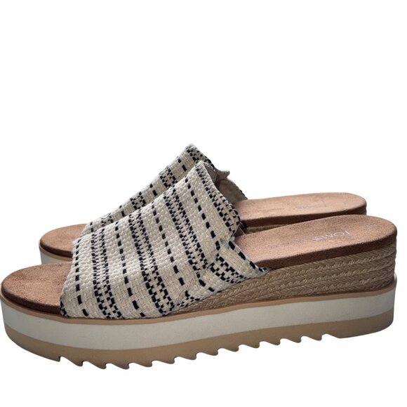 Toms Womens Wedge Sandals Espadrille W10 Striped Pattern Ivory & Black Slip-On - Picture 1 of 10